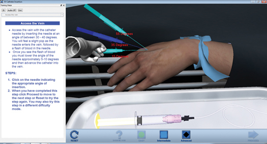 Figure 3. Tactile VR users can feel in angles when inserting the catheter, and receive visual feedback such as infiltration (skin becoming swollen) when improper angles are used.