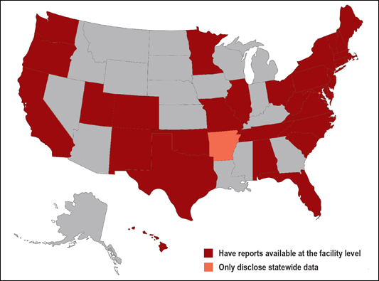 Figure 1. Map indicating states (plus D.C.) that have disclosed healthcare-associated infection information to the public as mandated by state law. Current as of December 2013.